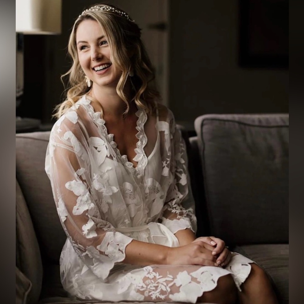 Bridal white floral lace getting ready robe and white slip